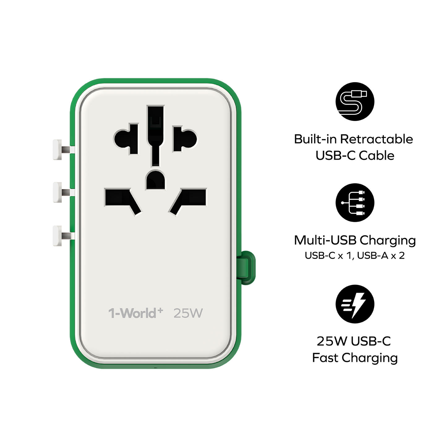 1-World+ 3-Port Travel Charger Built-In USB-C Cable 25W