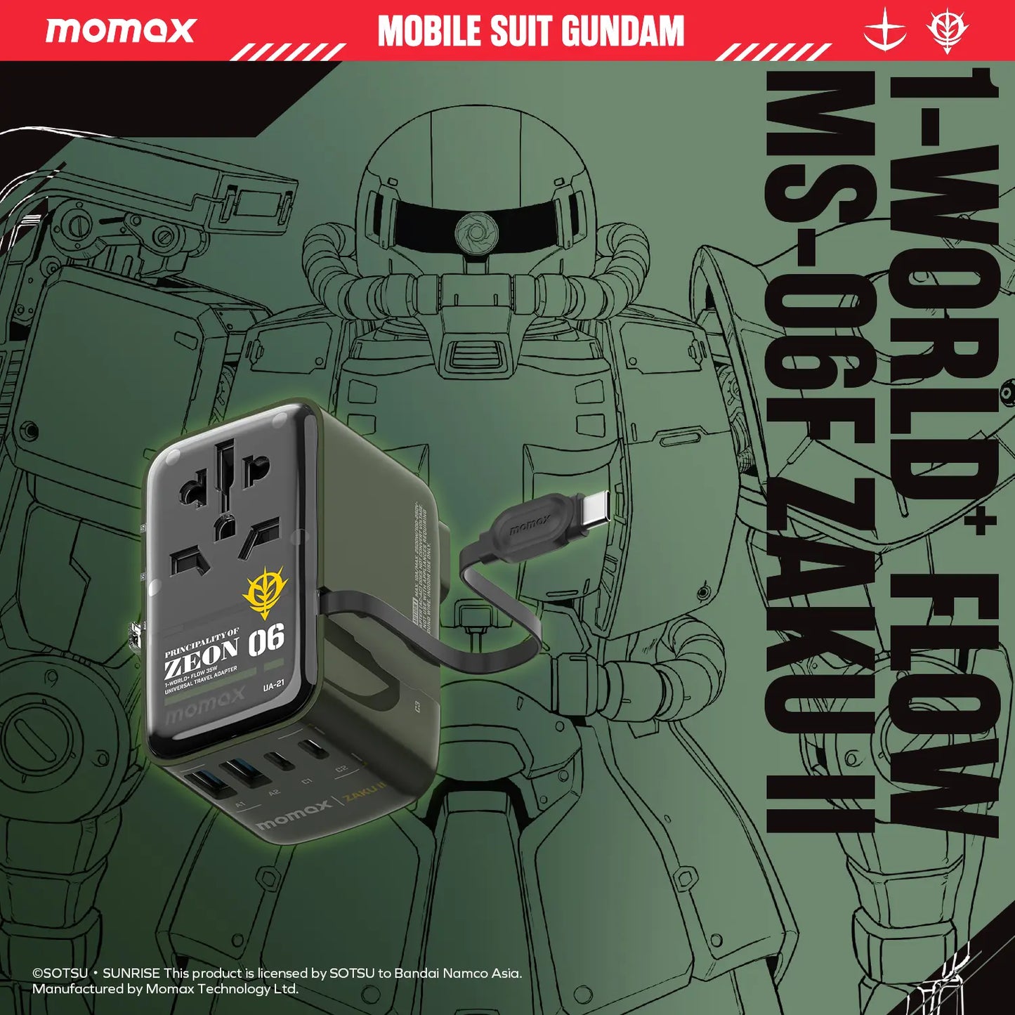 1-World+ Flow 4-Port Travel Charger With Built-In USB-C Cable 35W - Limited Edition