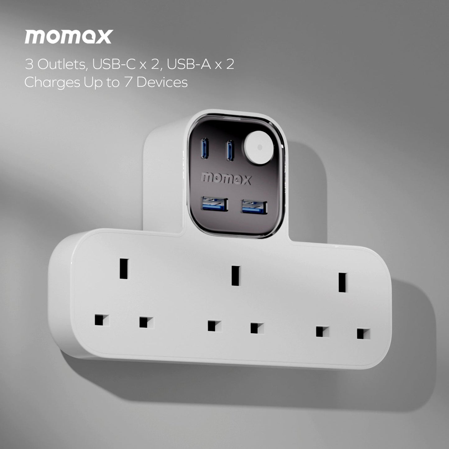 1-Charge Work Flow T-Shaped Extension Cord With 3 Sockets, 2 USB-A and 2 USB-C Ports