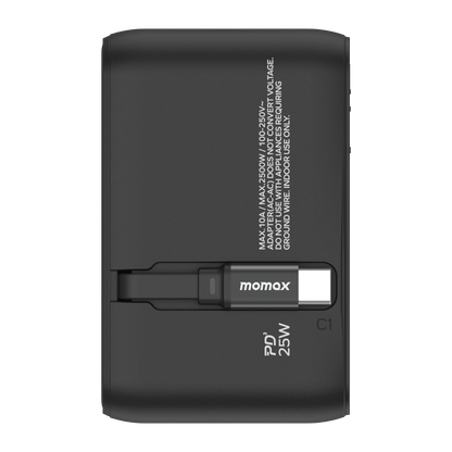 1-World+ 3-Port Travel Charger Built-In USB-C Cable 25W