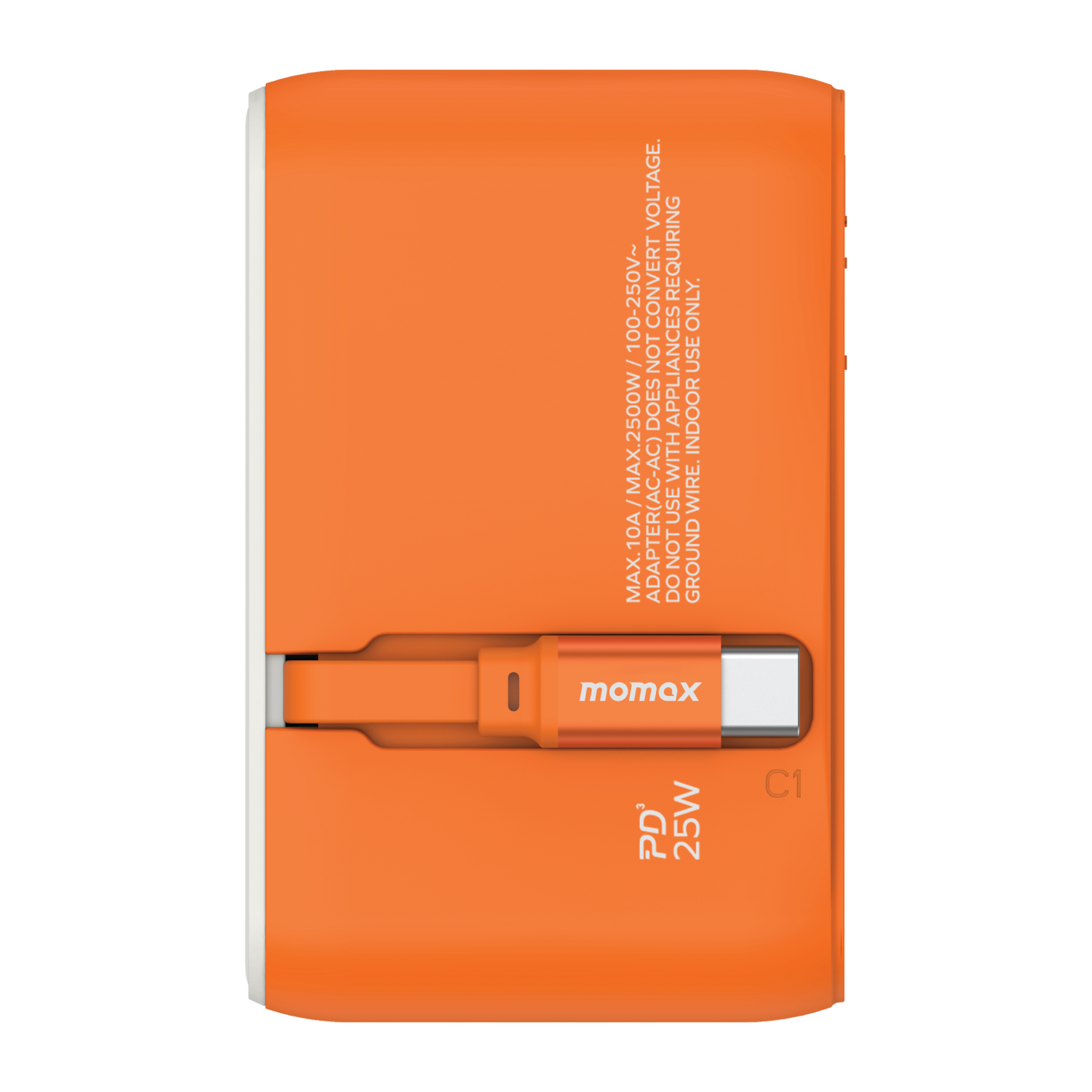 1-World+ 3-Port Travel Charger Built-In USB-C Cable 25W