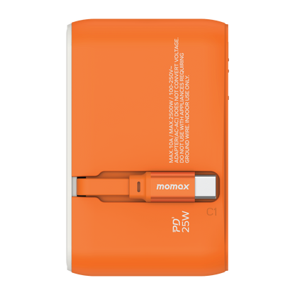 1-World+ 3-Port Travel Charger Built-In USB-C Cable 25W