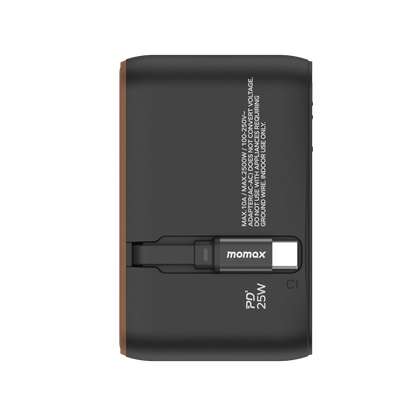 1-World+ 3-Port Travel Charger Built-In USB-C Cable 25W