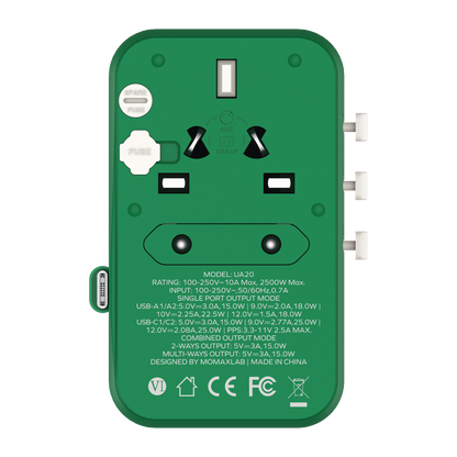 1-World+ 3-Port Travel Charger Built-In USB-C Cable 25W