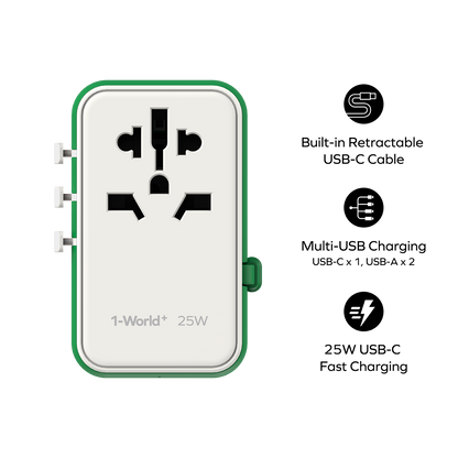 1-World+ 3-Port Travel Charger Built-In USB-C Cable 25W