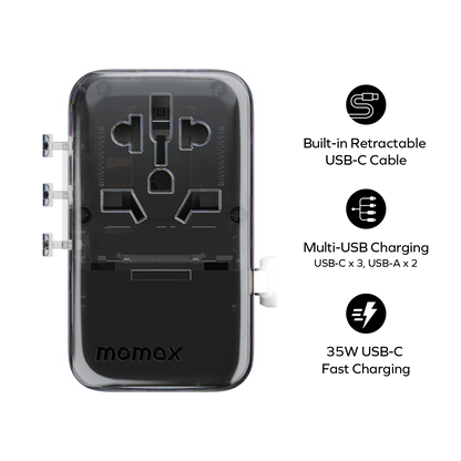 1-World+ Flow 4-Port Travel Charger With Built-In USB-C Cable 35W