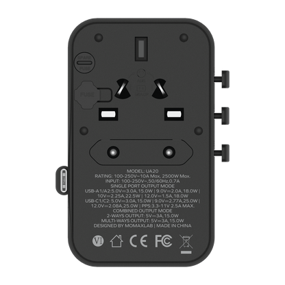 1-World+ 3-Port Travel Charger Built-In USB-C Cable 25W