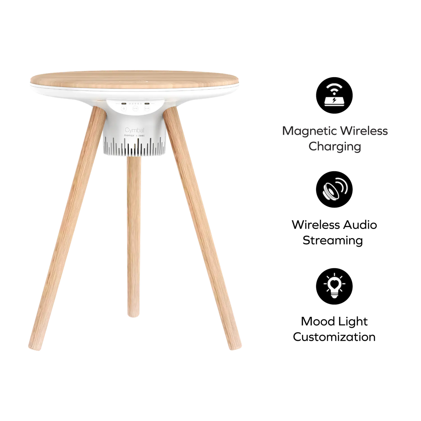 Cymbal Multifunctional Foldable Smart Table With Wireless Charging, Speakers, USB-C Ports, and LED Lighting Effects