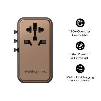 1-World 4-Port GaN Travel Charger 170W + USB-C Cable