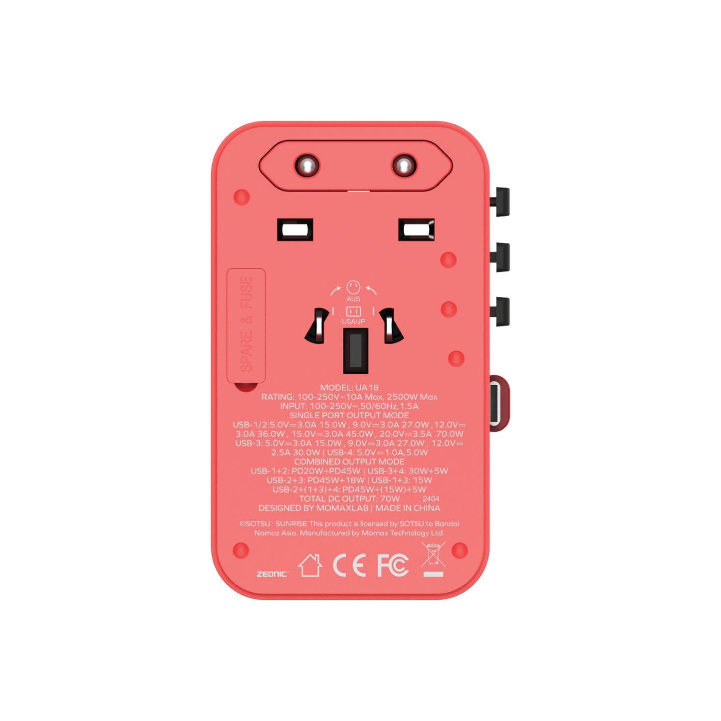 1-World+ 3-Port Travel GaN Charger With Built-in USB-C Cable 70W - Limited Edition