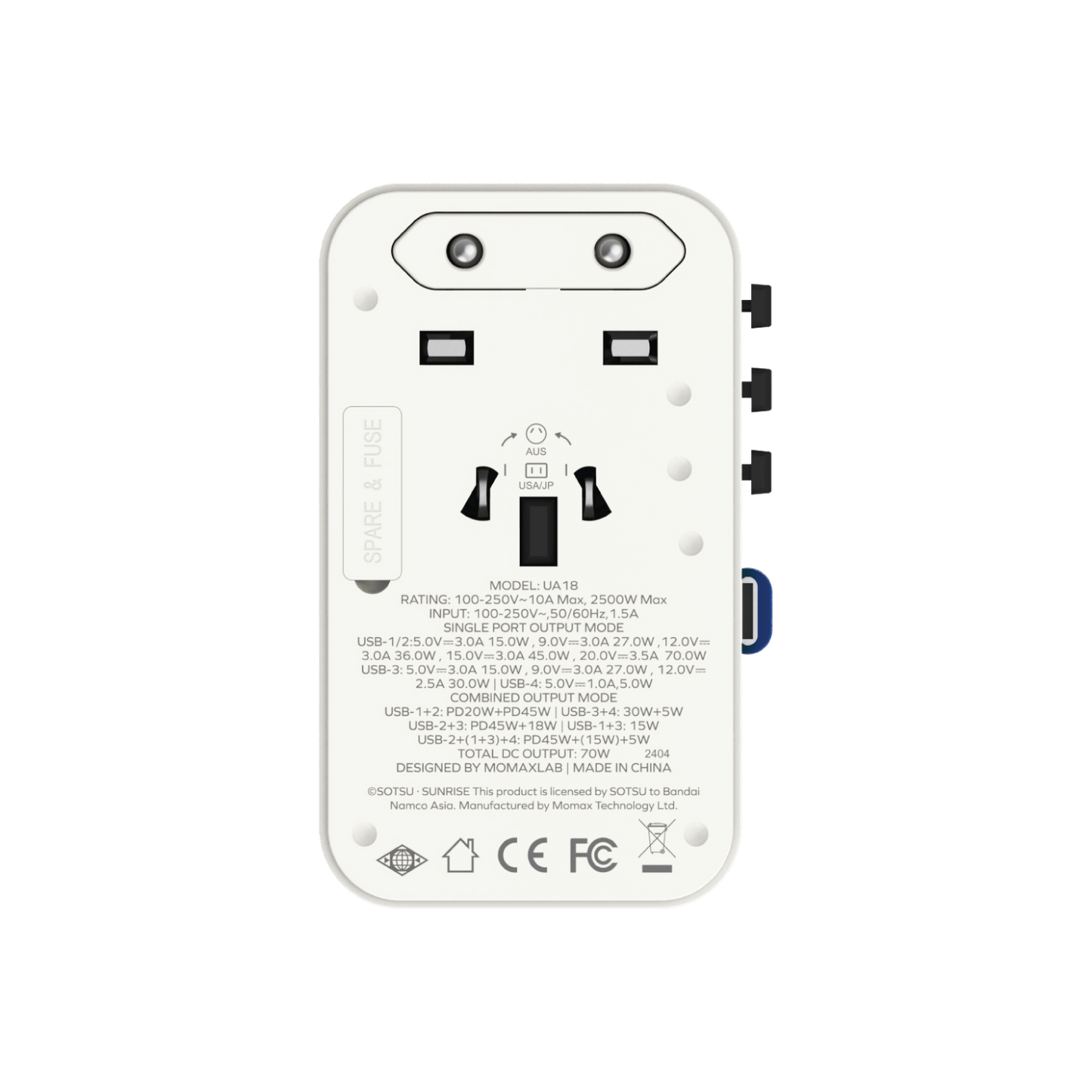 1-World+ 3-Port Travel GaN Charger With Built-in USB-C Cable 70W - Limited Edition