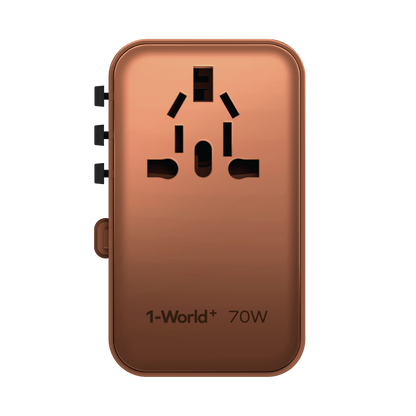 1-World+ 3-Port Travel GaN Charger With Built-in USB-C Cable 70W
