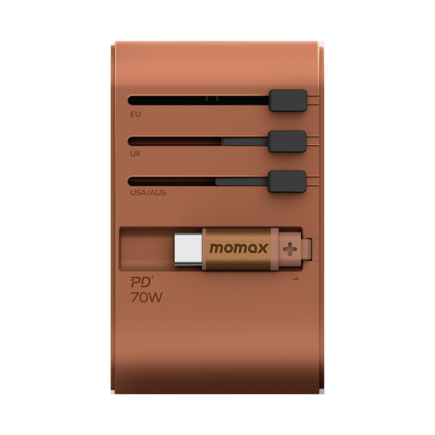 1-World+ 3-Port Travel GaN Charger With Built-in USB-C Cable 70W