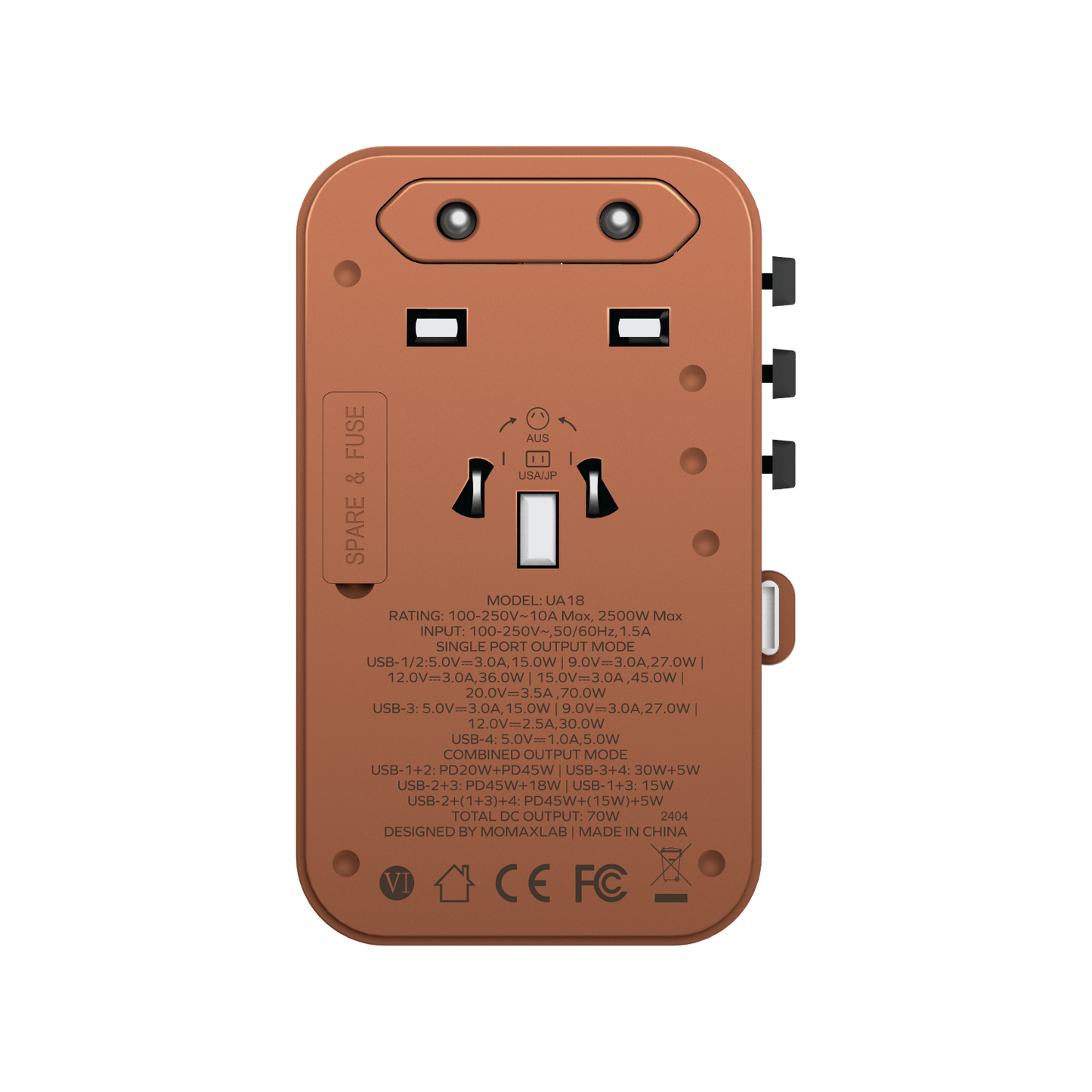 1-World+ 3-Port Travel GaN Charger With Built-in USB-C Cable 70W