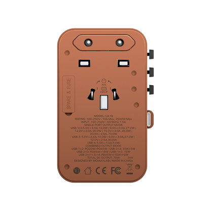 1-World+ 3-Port Travel GaN Charger With Built-in USB-C Cable 70W