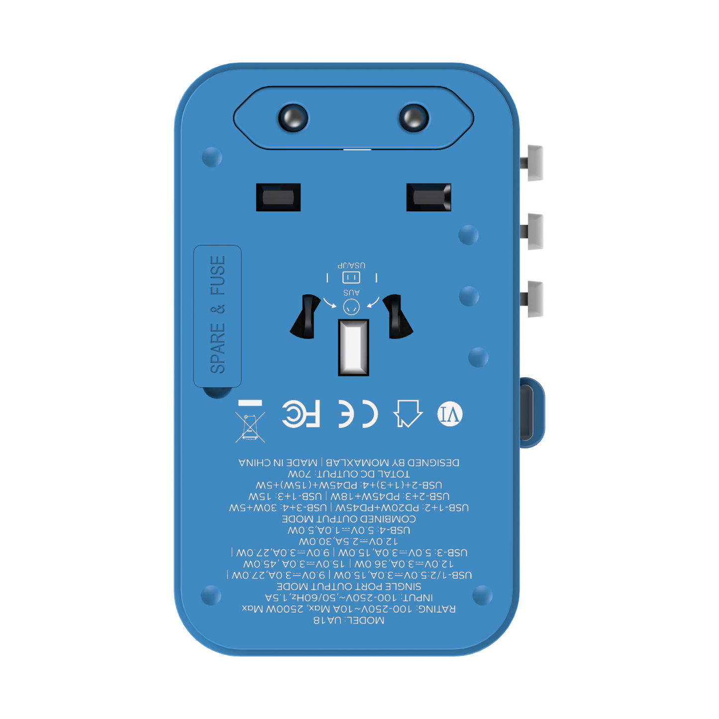 1-World+ 3-Port Travel GaN Charger With Built-in USB-C Cable 70W