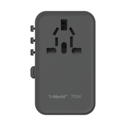 1-World+ 3-Port Travel GaN Charger With Built-in USB-C Cable 70W