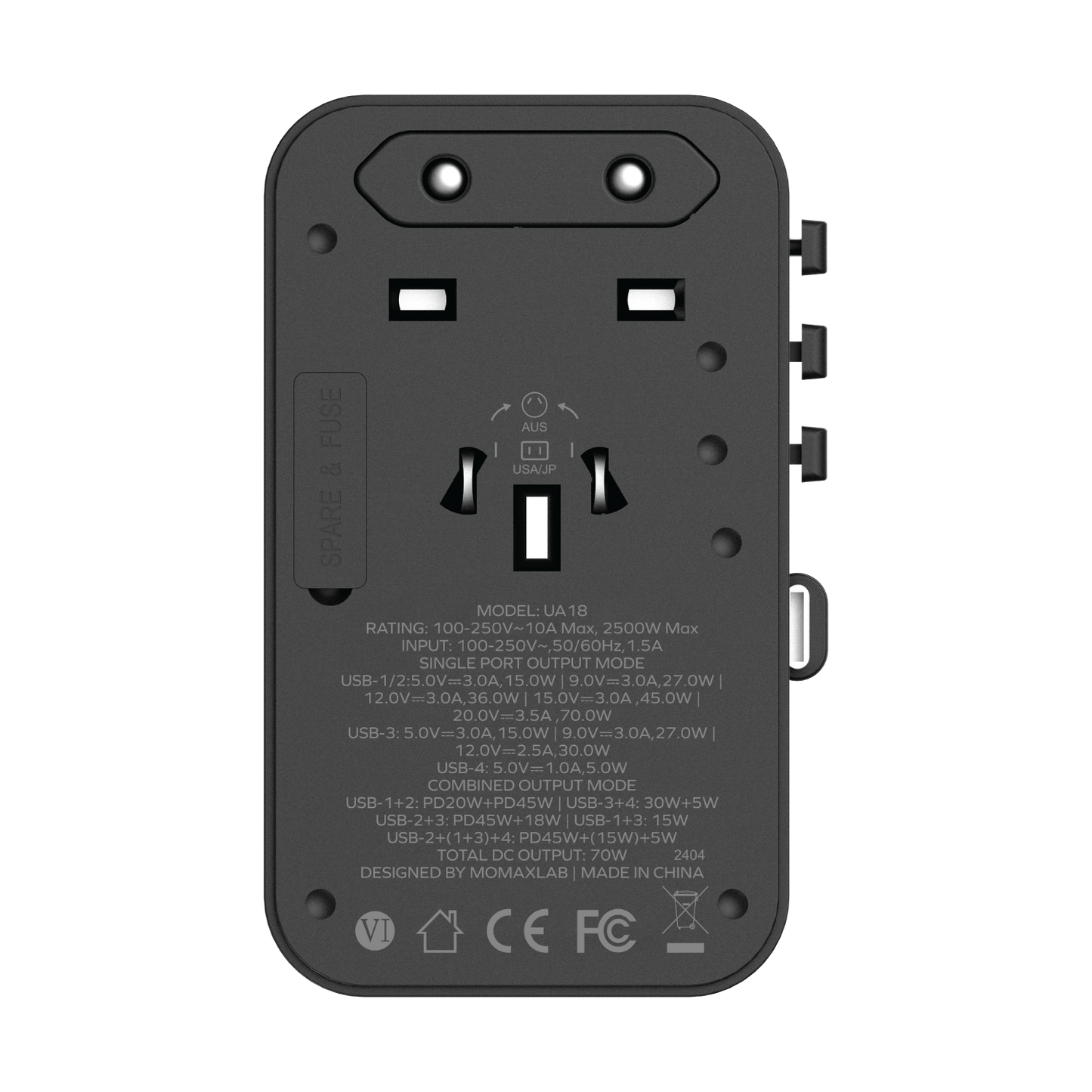 1-World+ 3-Port Travel GaN Charger With Built-in USB-C Cable 70W