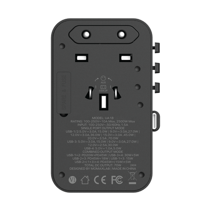 1-World+ 3-Port Travel GaN Charger With Built-in USB-C Cable 70W