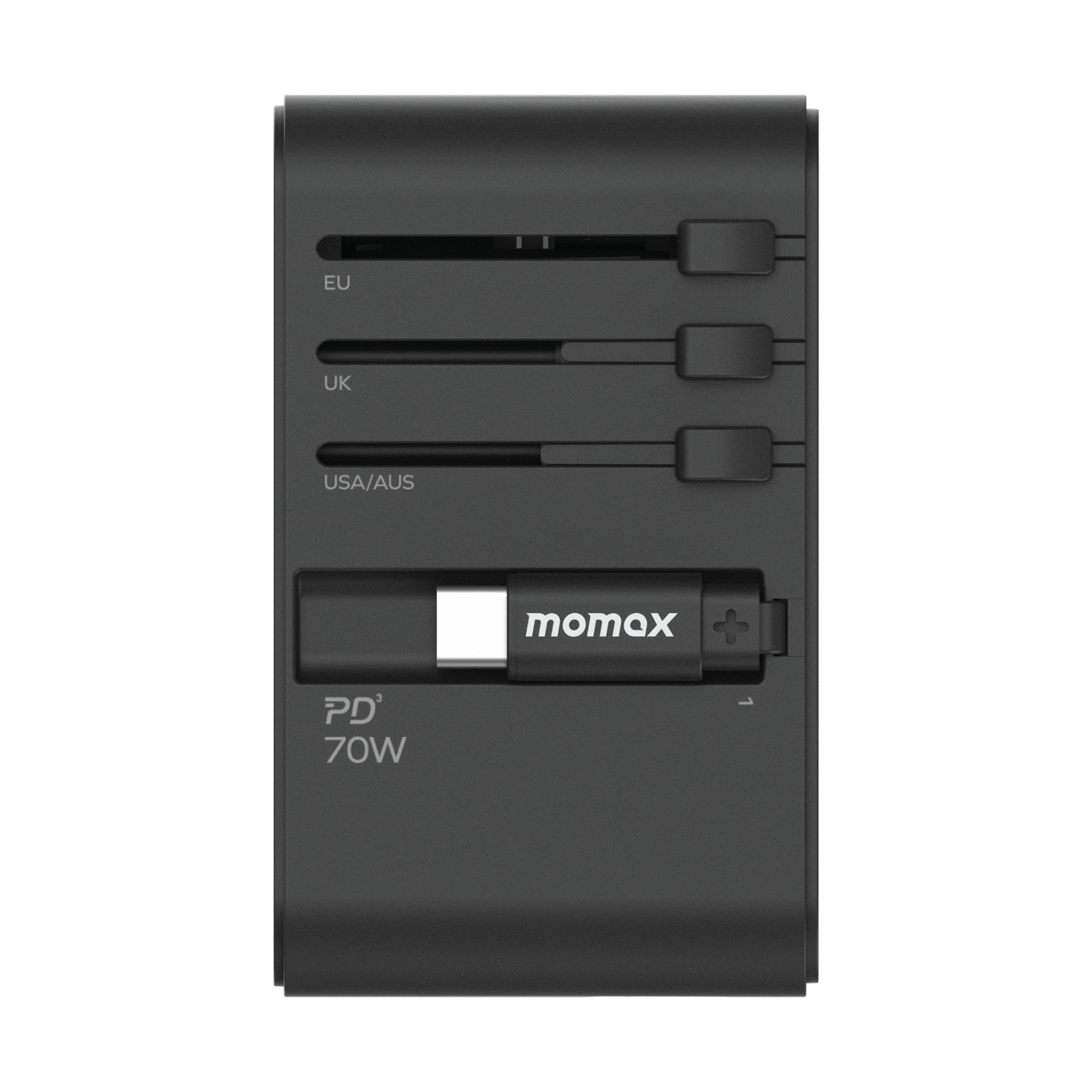 1-World+ 3-Port Travel GaN Charger With Built-in USB-C Cable 70W