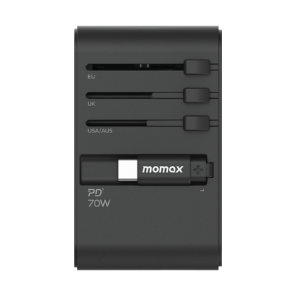 1-World+ 3-Port Travel GaN Charger With Built-in USB-C Cable 70W