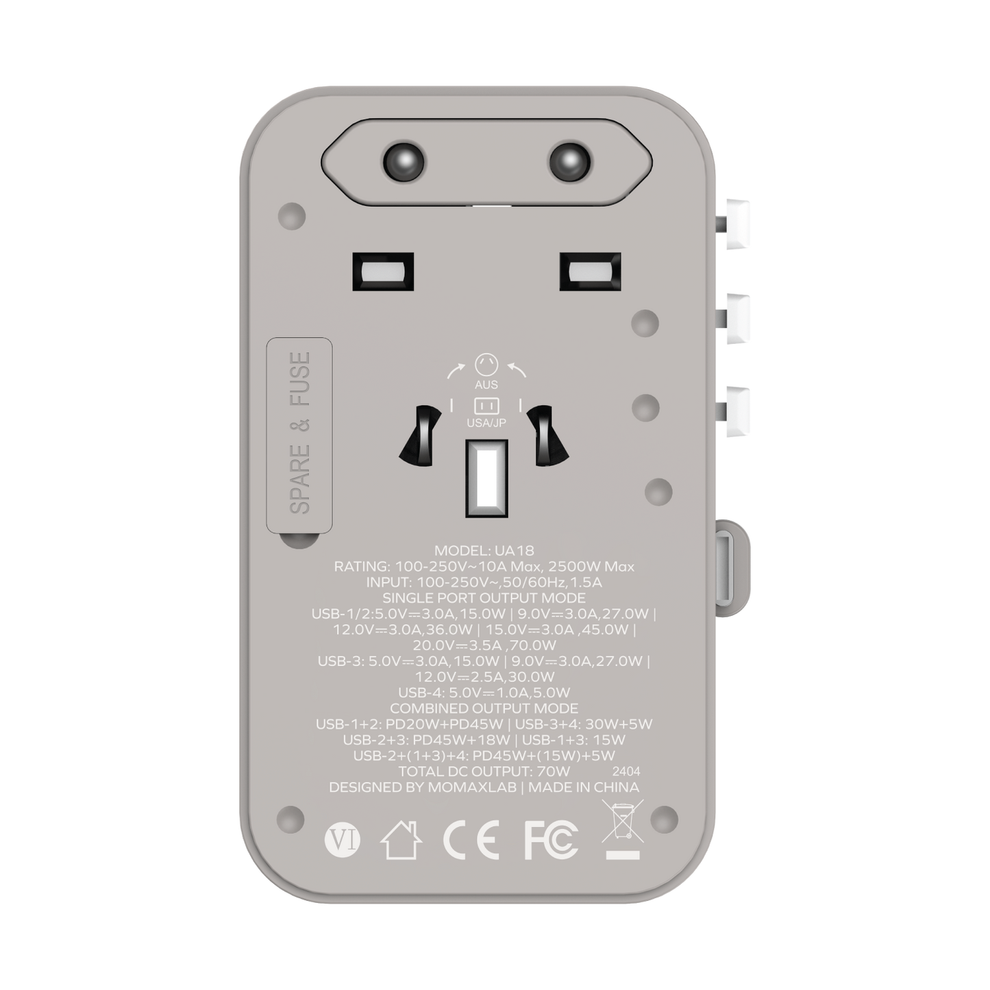 1-World+ 3-Port Travel GaN Charger With Built-in USB-C Cable 70W