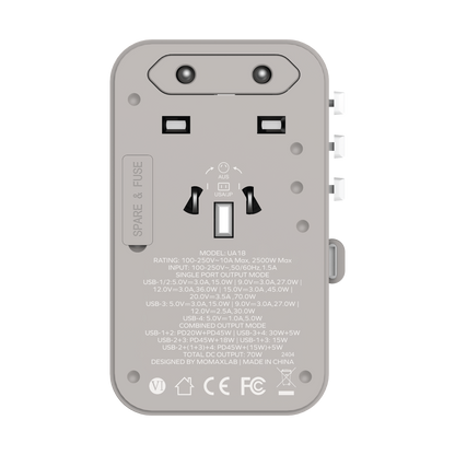 1-World+ 3-Port Travel GaN Charger With Built-in USB-C Cable 70W