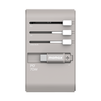 1-World+ 3-Port Travel GaN Charger With Built-in USB-C Cable 70W