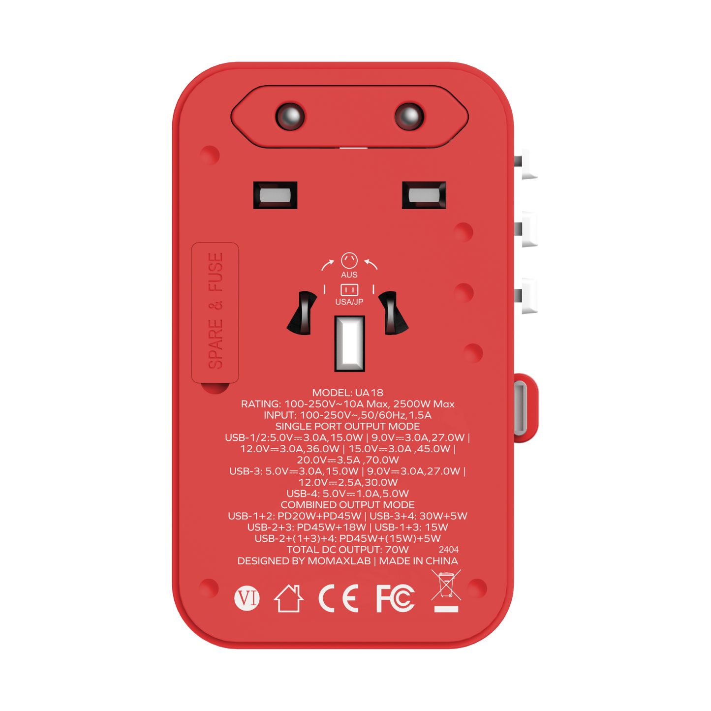 1-World+ 3-Port Travel GaN Charger With Built-in USB-C Cable 70W