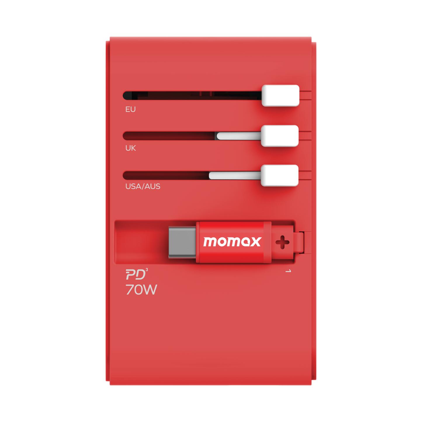 1-World+ 3-Port Travel GaN Charger With Built-in USB-C Cable 70W
