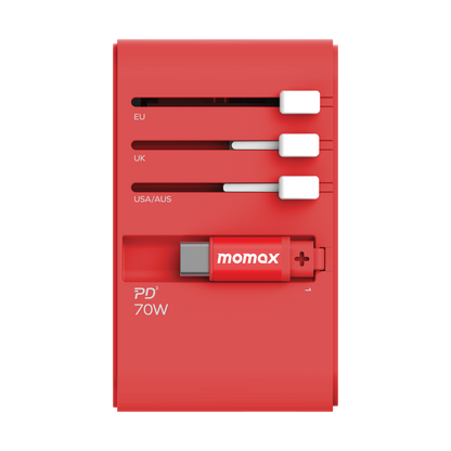 1-World+ 3-Port Travel GaN Charger With Built-in USB-C Cable 70W