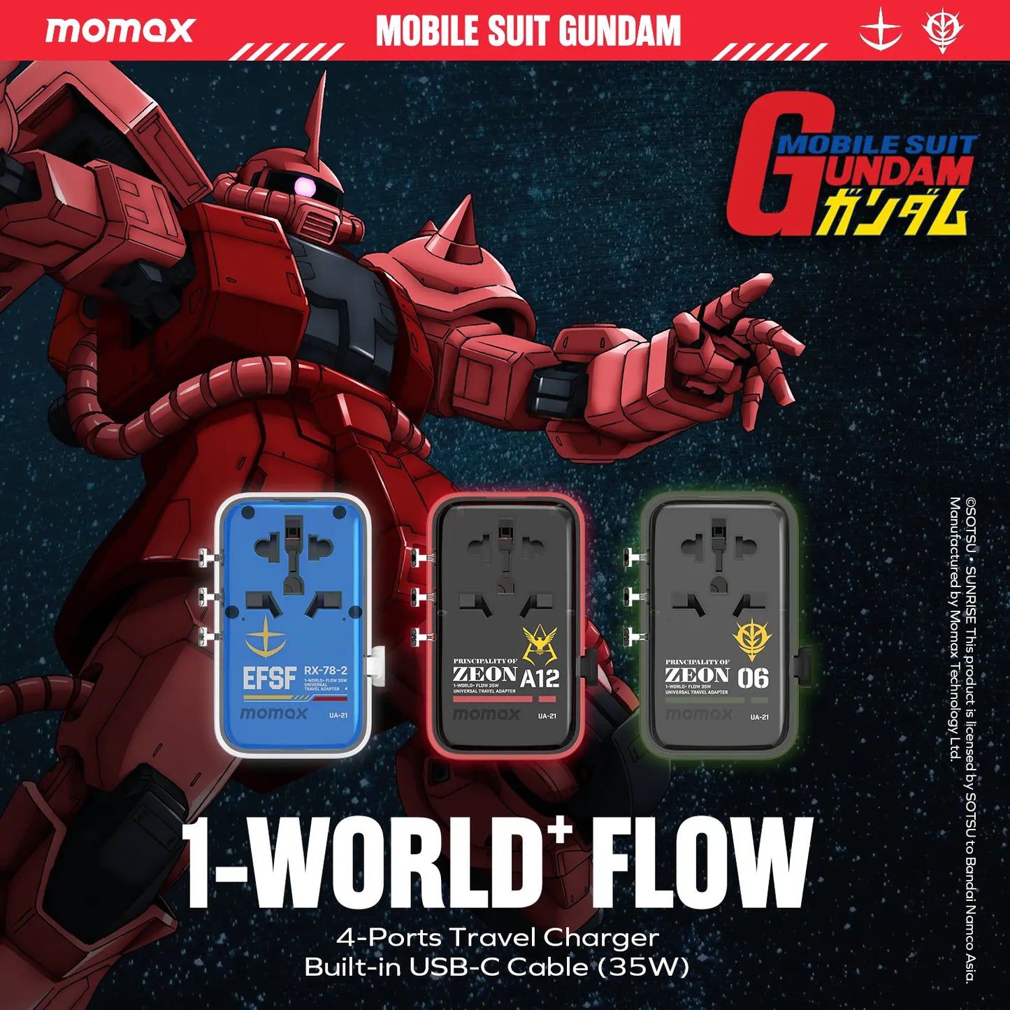 1-World+ Flow 4-Port Travel Charger With Built-In USB-C Cable 35W - Limited Edition