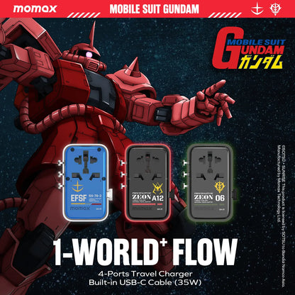 1-World+ Flow 4-Port Travel Charger With Built-In USB-C Cable 35W - Limited Edition