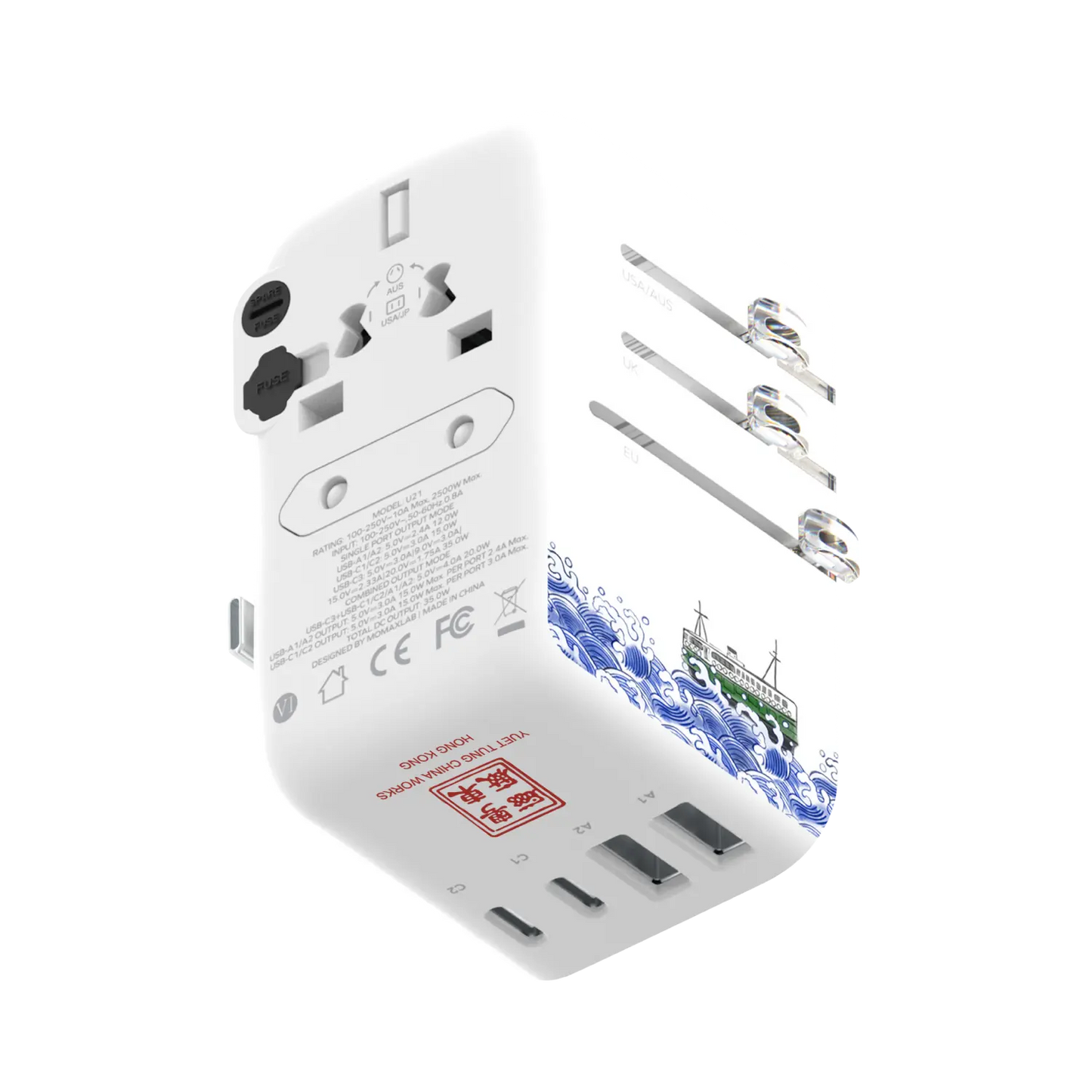 1-World+ Flow 4-Port Travel Charger With Built-In USB-C Cable 35W - Yuet Tung