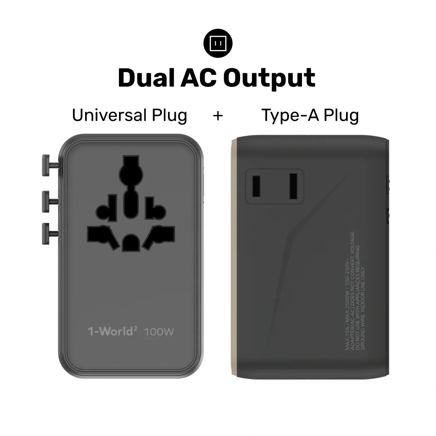 1-World² Universal 4-Port Travel GaN Charger 100W with Dual AC