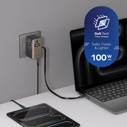 1-World²⁺ 4-Port Mini Universal Travel GaN Charger with Built-In Retractable Cable 100W with Dual AC