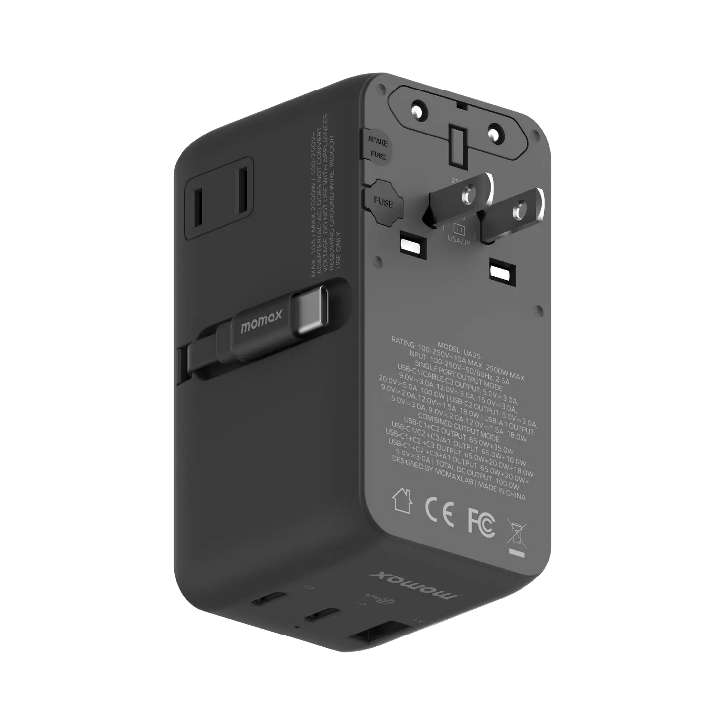 1-World²⁺ 4-Port Mini Universal Travel GaN Charger with Built-In Retractable Cable 100W with Dual AC