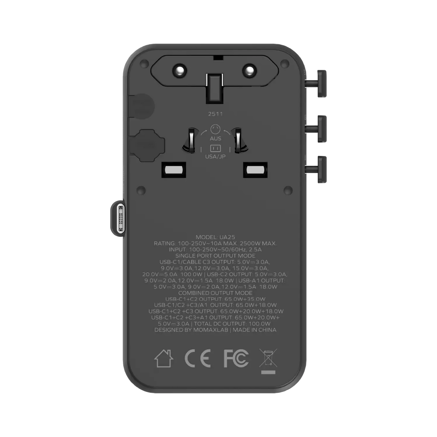 1-World²⁺ 4-Port Mini Universal Travel GaN Charger with Built-In Retractable Cable 100W with Dual AC