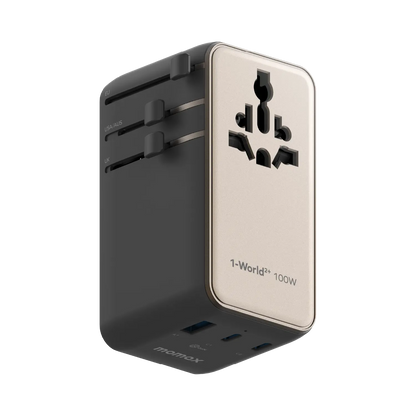 1-World²⁺ 4-Port Mini Universal Travel GaN Charger with Built-In Retractable Cable 100W with Dual AC