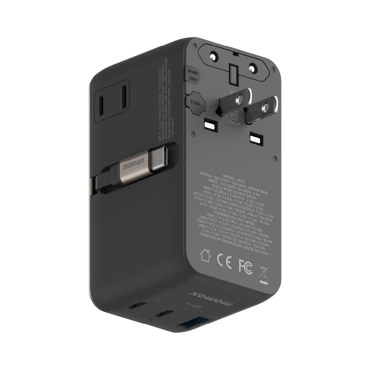 1-World²⁺ 4-Port Mini Universal Travel GaN Charger with Built-In Retractable Cable 100W with Dual AC