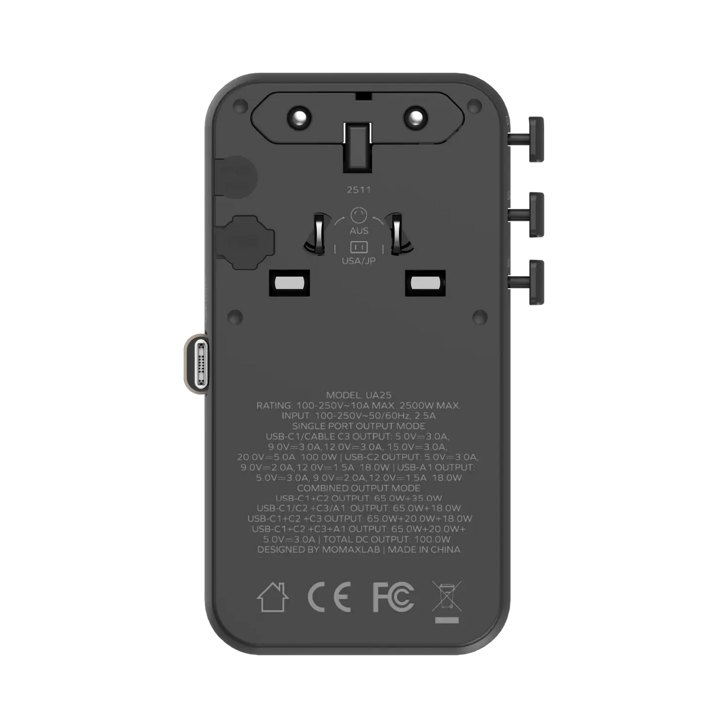 1-World²⁺ 4-Port Mini Universal Travel GaN Charger with Built-In Retractable Cable 100W with Dual AC