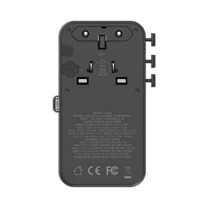 1-World²⁺ 4-Port Mini Universal Travel GaN Charger with Built-In Retractable Cable 100W with Dual AC