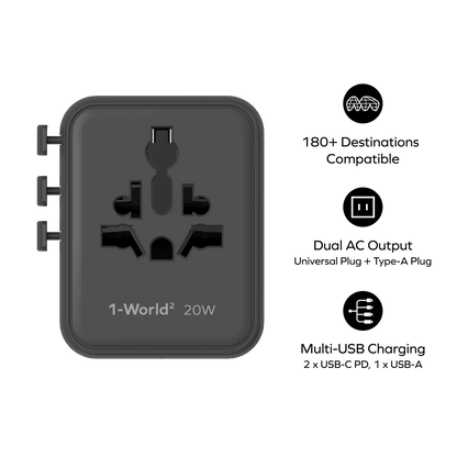 1-World² 3-Port Mini Universal Travel GaN Charger 20W with Dual AC