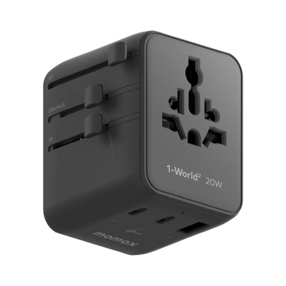 1-World² 3-Port Mini Universal Travel GaN Charger 20W with Dual AC