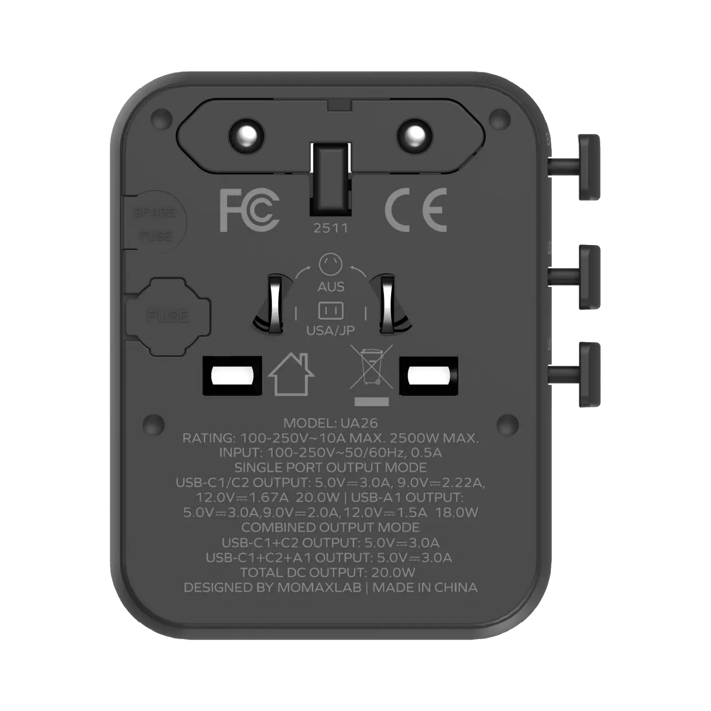 1-World² 3-Port Mini Universal Travel GaN Charger 20W with Dual AC