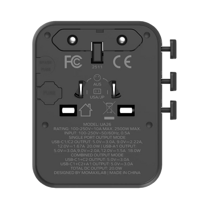1-World² 3-Port Mini Universal Travel GaN Charger 20W with Dual AC