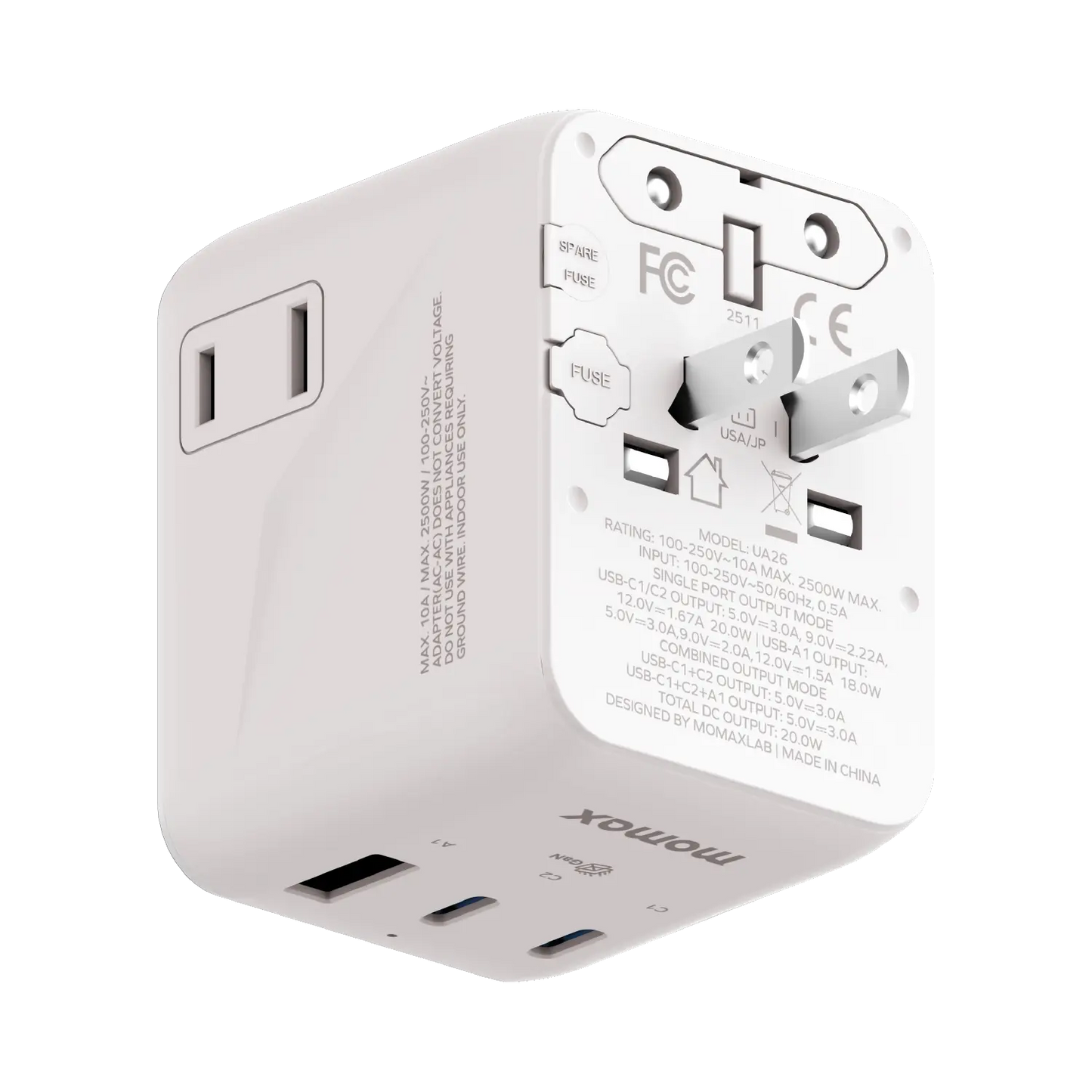 1-World² 3-Port Mini Universal Travel GaN Charger 20W with Dual AC