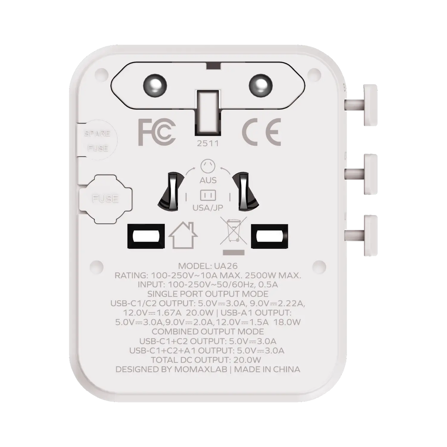 1-World² 3-Port Mini Universal Travel GaN Charger 20W with Dual AC