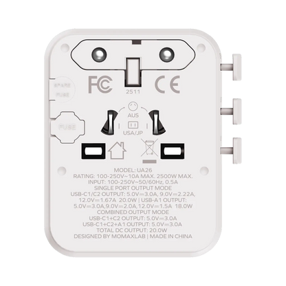 1-World² 3-Port Mini Universal Travel GaN Charger 20W with Dual AC