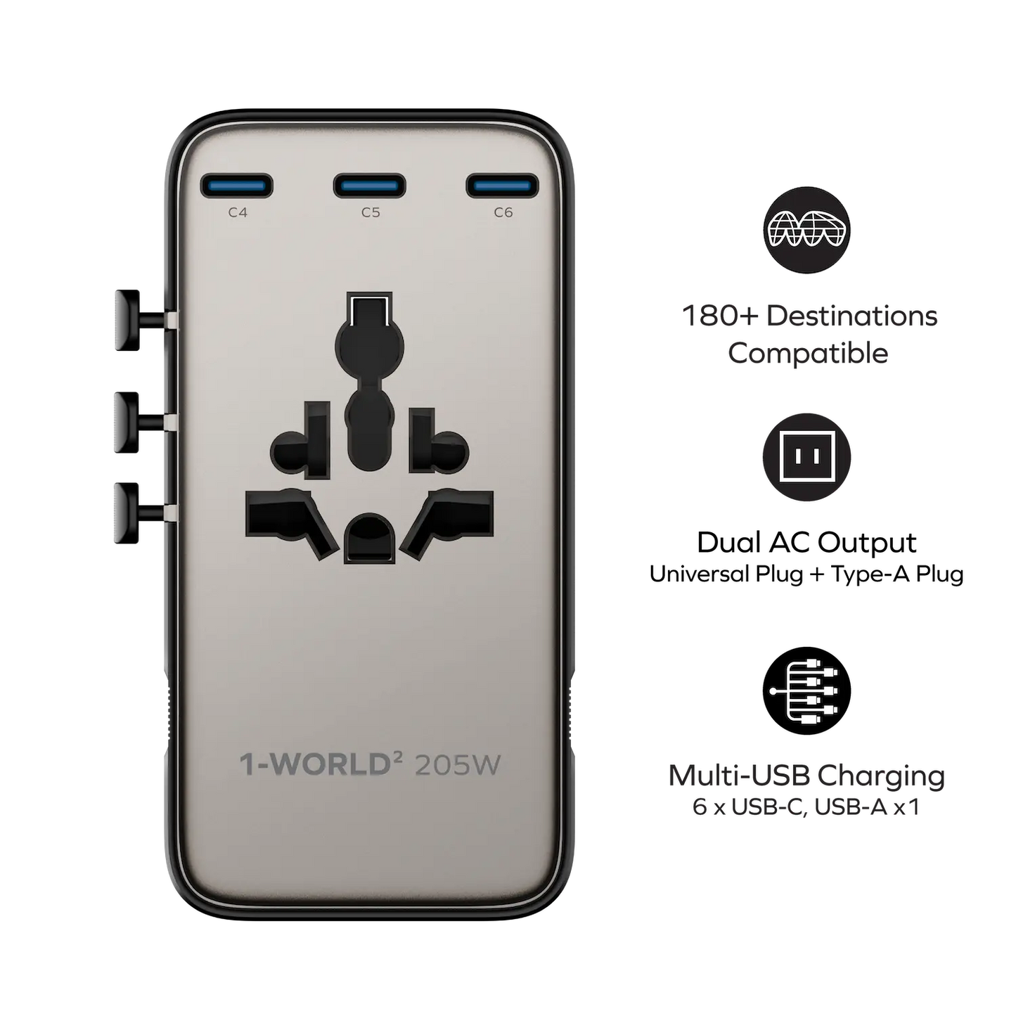 1-World² 205W 7-Port Dual AC Travel Adapter